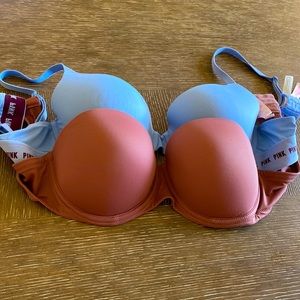 Two bras from PINK, one strapless push-up and one “Where everywhere T-shirt”